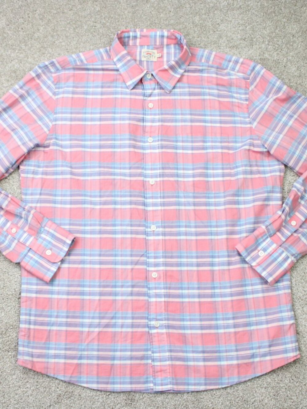 Faherty Shirt Mens Large Pink/Blue Cloud Summer Blend Cotton/Linen Long Sleeve